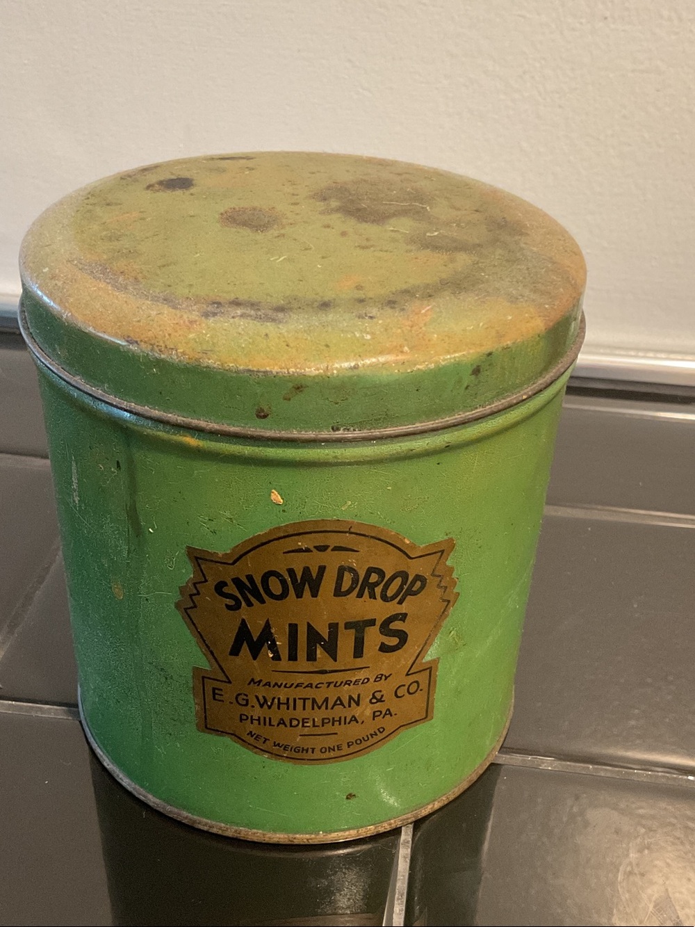 E.G. Whitman Green Snow Drop Mints Decorative Tin